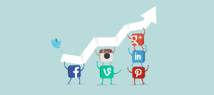 Cartoon social media figures holding up a arrow that is inclining towards up and right.